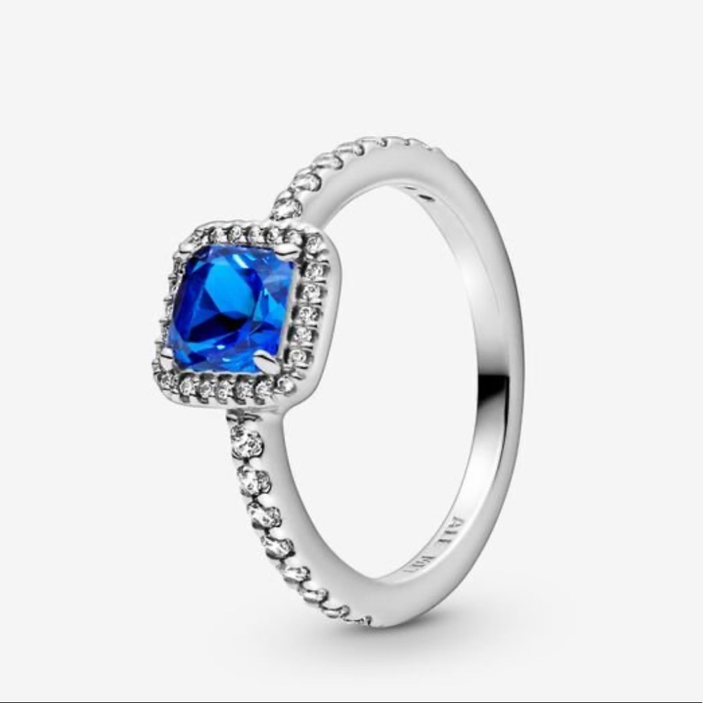 Blue Square Sparkle Halo Ring